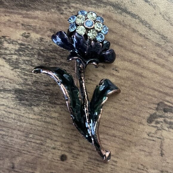 Betsey Johnson Retro Blue Floral Rhinestone Brooch Enamel Bronze Tone Flower Pin - Picture 1 of 8